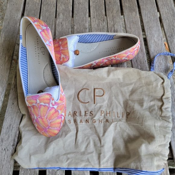 New CHARLES PHILIP Shanghai Pink Silk Smoking Slipper Loafers Shoes 7.5 - Picture 4 of 5